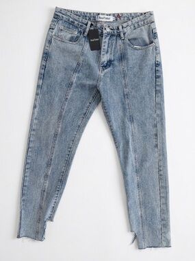 RealTakai Light Wash Straight Leg Jeans Asymmetrical Raw Hem Denim Medium